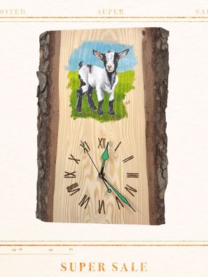 Wanduhr auf Tanne - Motiv Ziege Martha gemalt von der Künstlerin Susanne Kraft