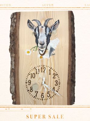 Wanduhr auf Tanne - Motiv Ziege Hilde gemalt von der Künstlerin Susanne Kraft