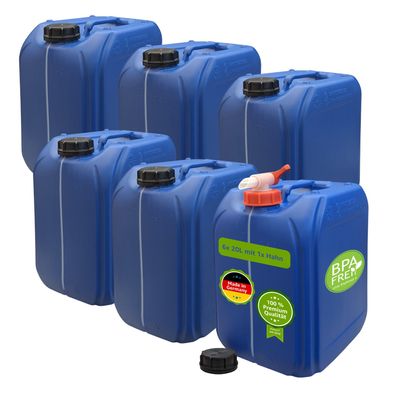 plasteo® 6er Set: 20 L Kanister Wasserkanister Blau für Trinkwasser + 1x Auslaufhahn