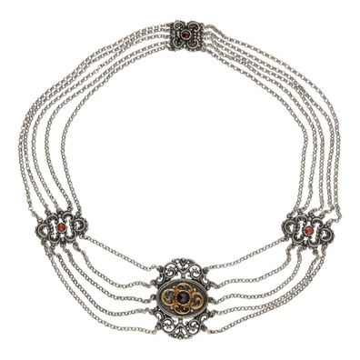 Trachten Collier 835/000 Silber, Granat, Teilw. vergoldet, geschwärzt, getragen
