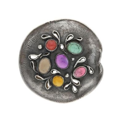 Brosche 925/000 Silber, Turmalin, Amethyst, Citrin, Granat, geschwärzt, getragen