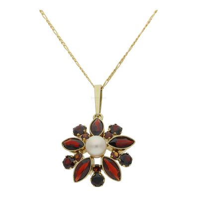 Lieblicher Granatanhänger 585/000 Gold, Akoya Zuchtperle, getragen, Second Hand