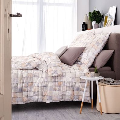 Estella Mako Jersey Bettwäsche 135x200 Paco peach Mosaik Karo grau taupe 6853-195