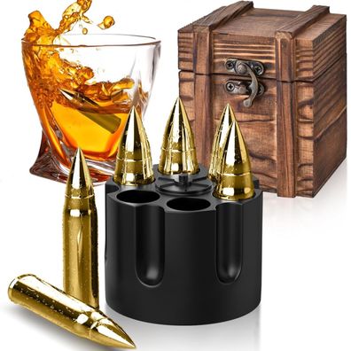 Whiskey Steine Set Whiskeygeschenk 6 Stück Goldene Patronen mit Aufbewahrungsbox