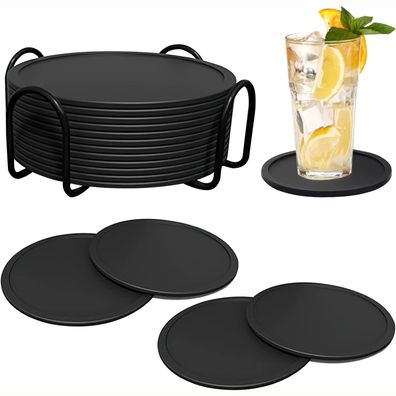 Dunkelgraue Silikon Untersetzer 12er Set für Getränke Tassen Schutz mit Halter