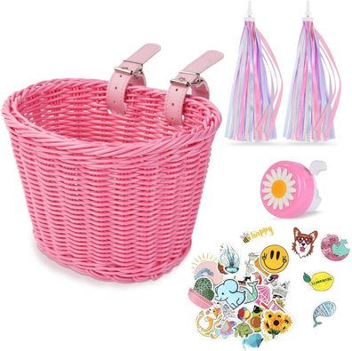 Fahrradkorb Kinder Mädchen Vorne Abnehmbar Rattan Aufkleber Rosa
