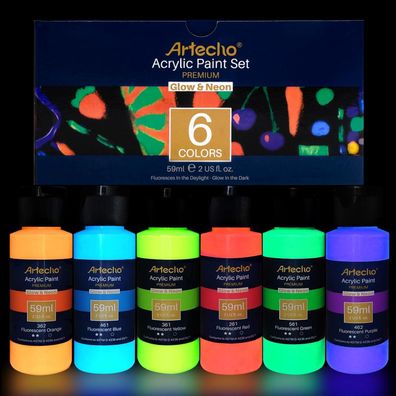 Fluoreszierende Leuchtfarbe 6x59ml Glow in The Dark Schwarzlicht Farbe