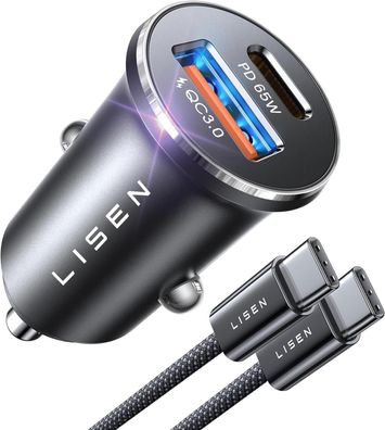 LISEN 66W Zigarettenanzünder USB-C Auto Ladegerät PD65W Dualer Schnellladung