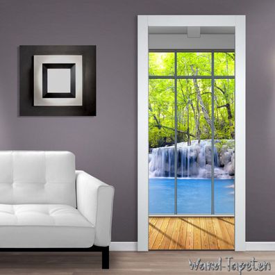 Türtapeten Selbstklebende Wandbild Tür Poster Fenster Holz Wald Wasserfall 1389