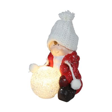 Keramik-Kinderfigur sitzend mit LED-Schneeball Dekofigur Weihnachtsdeko warmweiß
