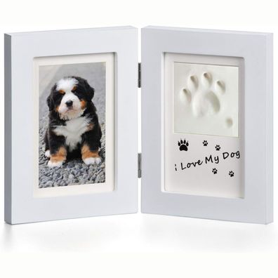 Weißer Holz Bilderrahmen 3D Pfotenabdruck Set für Hund Katze