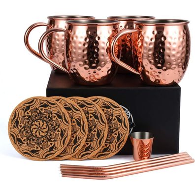Kupferbecher Set Moscow Mule 473ml Geschenkset Schnapsglas Strohhalme Untersetz