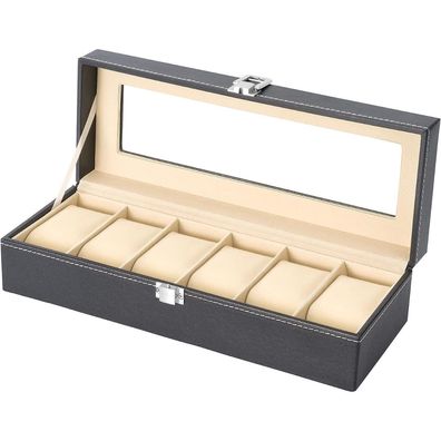 Schwarze Uhrenbox 6 Fächer PU-Leder Glasdeckel Samtfütterung 30x10cm