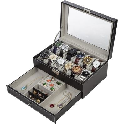 12 Uhren Speicherbox XL 2 Schichten PU-Leder Glasdeckel Schmuckfach