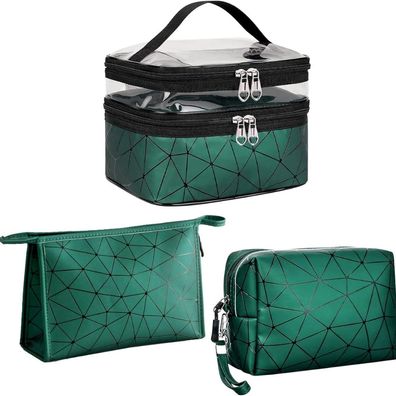 Kosmetiktasche Set 3 Stück Grün Transparent Rautenmuster Doppellagig Reise
