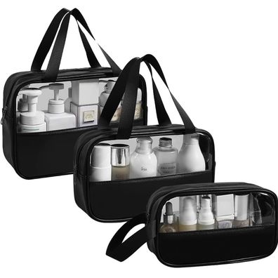 Schwarz Transparente Kosmetiktasche 3 Stück PVC Wasserdicht Leicht Kulturbeutel
