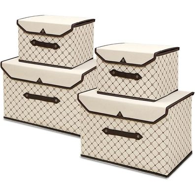 Stoff Aufbewahrungsboxen 4er Set Beige Karo Design mit Deckel Platzsparend