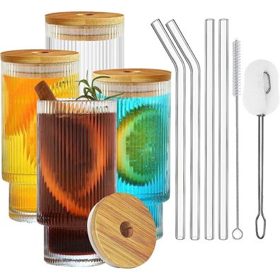 Vintage Cocktailgläser mit Deckel 325ml mit Glasstrohalme und Bürste 4stk