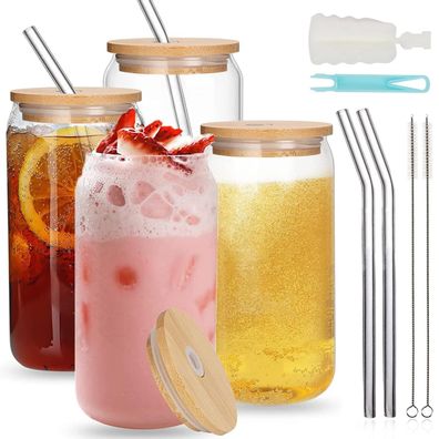 XL Vintage Cocktailgläser mit Deckel 550ml mit Glasstrohalme und Bürste 4stk