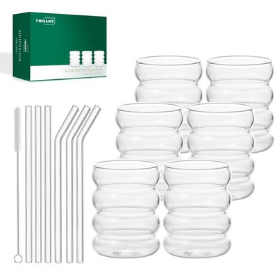 6er Set 350ml Gerippte Cocktailgläser Longdrinkgläser mit Glasstrohhalmen