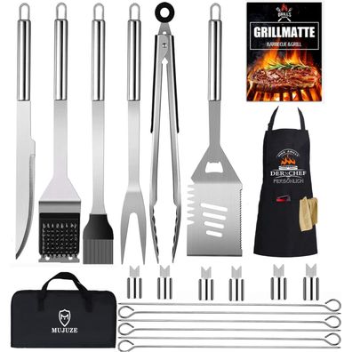 Grill Geschenke Zubehör Set 20tlg Edelstahl mit Zange Spachtel Schürze Koffer