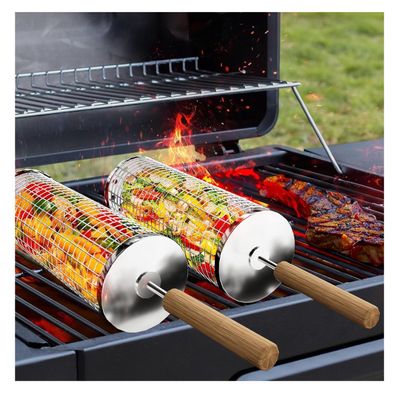Grillkorb Edelstahl Zylinder 2er Set für Grill Zubehör Drehspieß mit Holzgriff