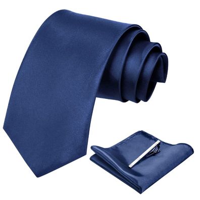 Krawatten Set Blau mit Einstecktuch und Krawattenklammer Schmale Krawatte 8 cm