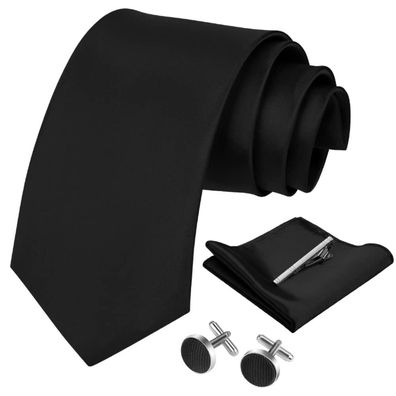 4 teiliges Set Krawatten Set mit Einstecktuch Manschettenknöpfe Schwarz