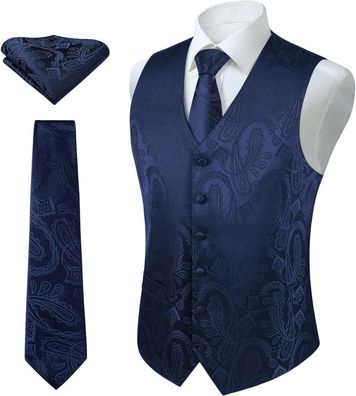 Herren Paisley Floral Jacquard Weste Krawatte Taschentuch Anzug Set Blau