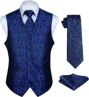 Herren Anzugweste Paisley Blau Floral Jacquard Set mit Krawatte & Einstecktuch