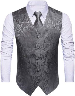 Hisdern Herren Weste Krawatte Einstecktuch Anzug Set Paisley Floral XS Grau