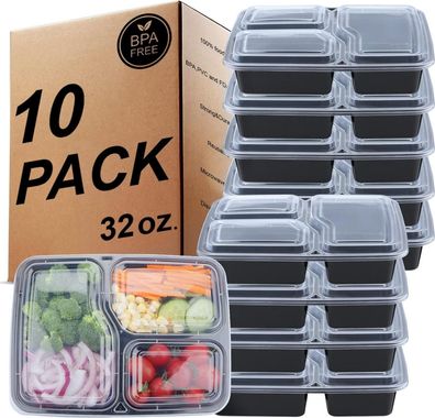 3-Fach Meal Prep Container Bento Boxen 10er Pack 32 oz - Luftdicht & Mikrowelle