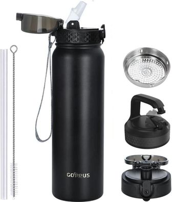 Edelstahl Thermosflasche mit Strohhalm 1L Doppelschicht Isolierflasche Sport