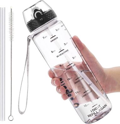Sport Wasserflasche 1L BPA Frei Auslaufsicher mit Strohhalm und Zeitmarkierungen