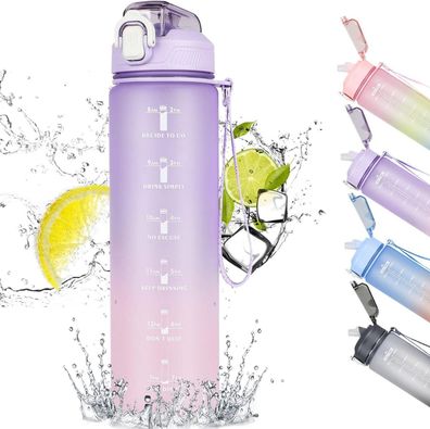 Trinkflasche 1L Strohhalm Wasserflasche Zeitmarkierung lila Farbverlauf