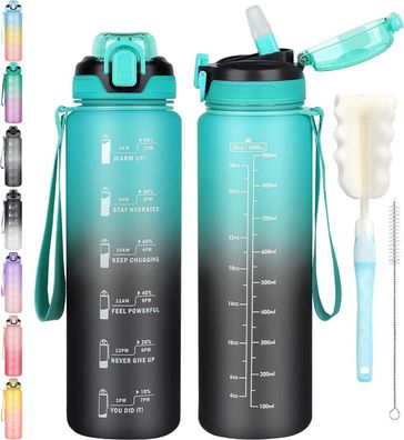 Sport Trinkflasche 1l Strohhalm Zeitmarkierung Spülmaschinenfest Schwarz Grün