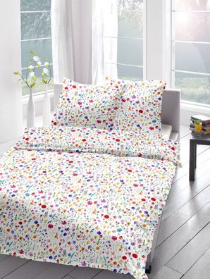 Sympathica Satin Bettwäsche 135x200 cm Blümchen Blumenwiese Streublümchen weiß
