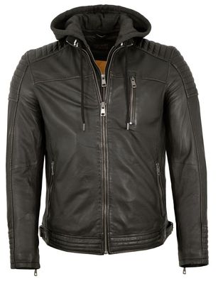 Existenz - Herren Lederjacke Bikerjacke Kapuze Lammnappa schwarz antik