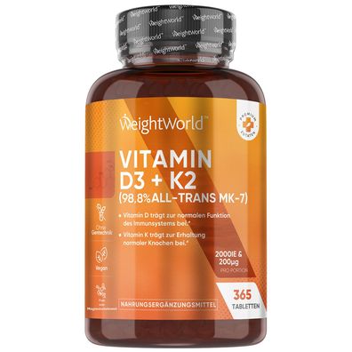 Vitamin D3 K2 2000 IE - 2 Jahr Vorrat - 365 Tabletten - Vegane Quelle (Flechten)