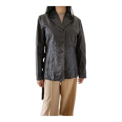 Vintage Lederjacke Damen Echt Leder Blazer 90s Gürtel Minimal Schwarz S 36