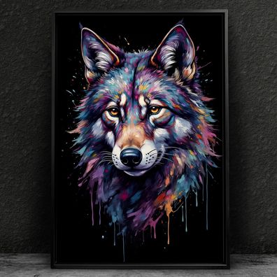 Wolf in bunten Farben Kunst, Tier Wandbild Leinwand, Acrylglas oder Poster Deko Nr2