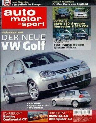 Auto Motor und Sport 16 / 2003, VW Golf, Bentley, BMW Z4, Fiat, Nissan, Alfa Romeo