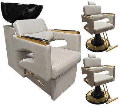 Set: Friseursalon-Waschplatz & 2 drehbare Stühle mit Schüssel, Armatur & Fußstütze