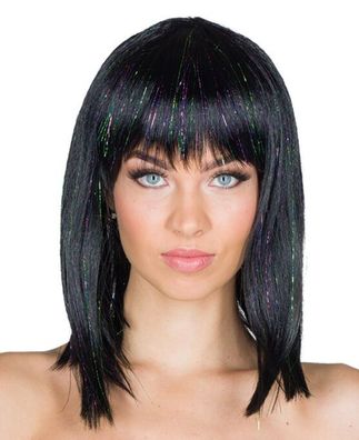 schwarze Perücke mit bunten Strähnen Glitzer Karneval Fasching Disco Halloween