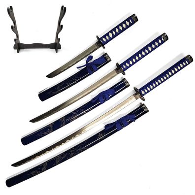 Samurai Schwert 3er Set mit Ständer Blau