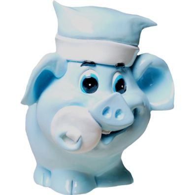Sparschwein "Babyschwein mit Schnuller und Schlafmütze", blau mit Pfropfen