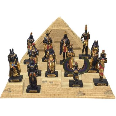 12 mehrfarbige ägyptische Götter Miniaturen mit Display Pyramide