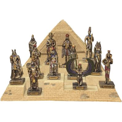 12 bronzierte ägyptische Götter Miniaturen mit Display Pyramide