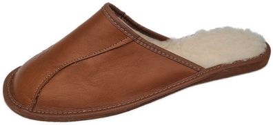 WARME Latschen - Hausschuhe. Gr 40 bis 46, COGNAC/Rostrot Leder + Schurwolle