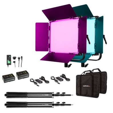 Walimex pro 2x LED Rainbow Flächenleuchte 100W 2x Lampenstativ 2x Akku Ladegerät